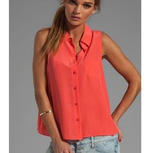 Equipment femme pink orange collared button up sleeveless tank. Size large, 100%